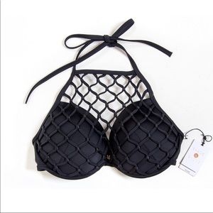 Shade and Shore Black Halter Caged Net Bikini Top